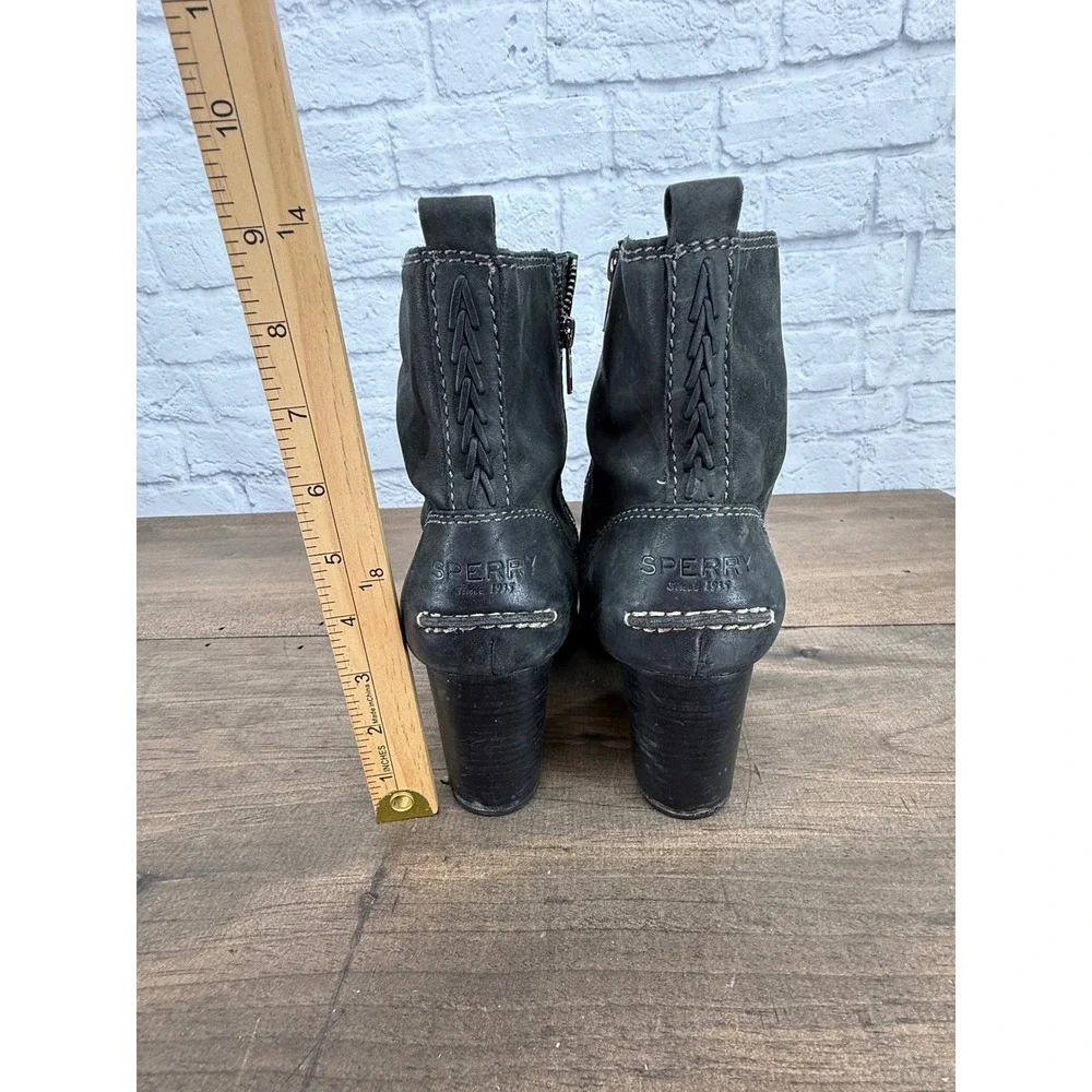 Sperry Top-Sider Dasher Grace Black Leather Ankle Booties Heeled Moto Boots 10
